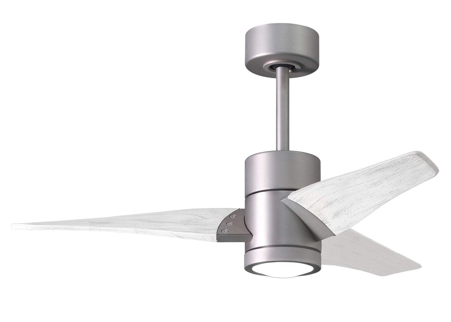 Matthews Fan SJ-BN-MWH-42 Super Janet three-blade ceiling fan in Brushed Nickel finish with 42” solid matte white wood blades and dimmable LED light kit