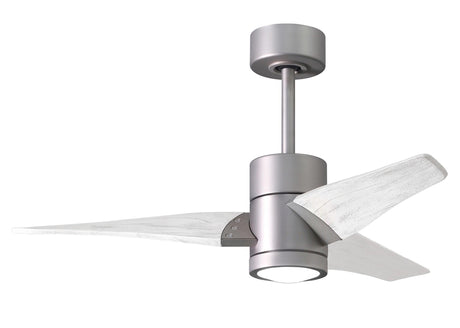 Matthews Fan SJ-BN-MWH-42 Super Janet three-blade ceiling fan in Brushed Nickel finish with 42” solid matte white wood blades and dimmable LED light kit 