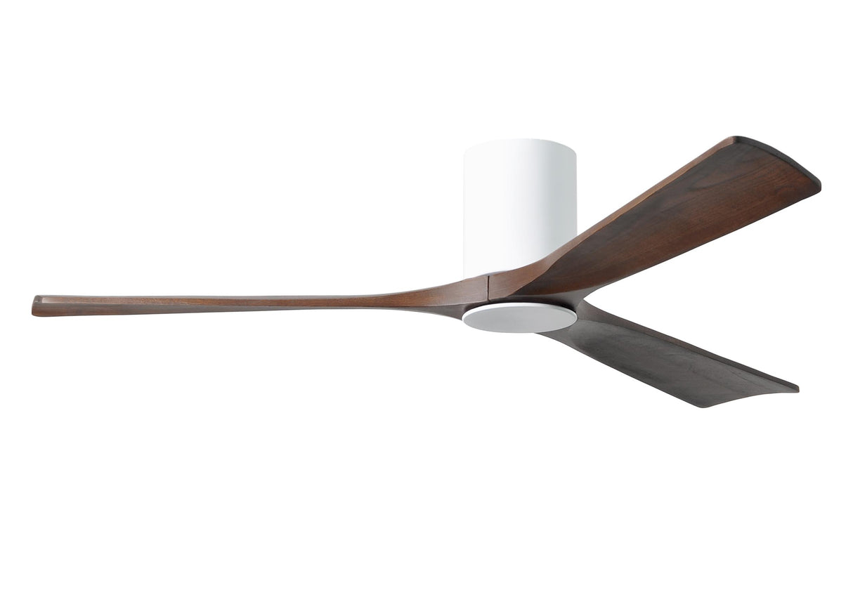 Matthews Fan IR3HLK-WH-WA-60 Irene-3HLK three-blade flush mount paddle fan in Gloss White finish with 60” solid walnut tone blades and integrated LED light kit.