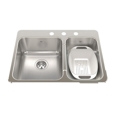 KINDRED QCLA2027R-8-3N Steel Queen 27.25-in LR x 20.56-in FB x 8-in DP Drop In Double Bowl 3-Hole Stainless Steel Kitchen Sink In Satin Finished Bowls with Mirror Finished Rim