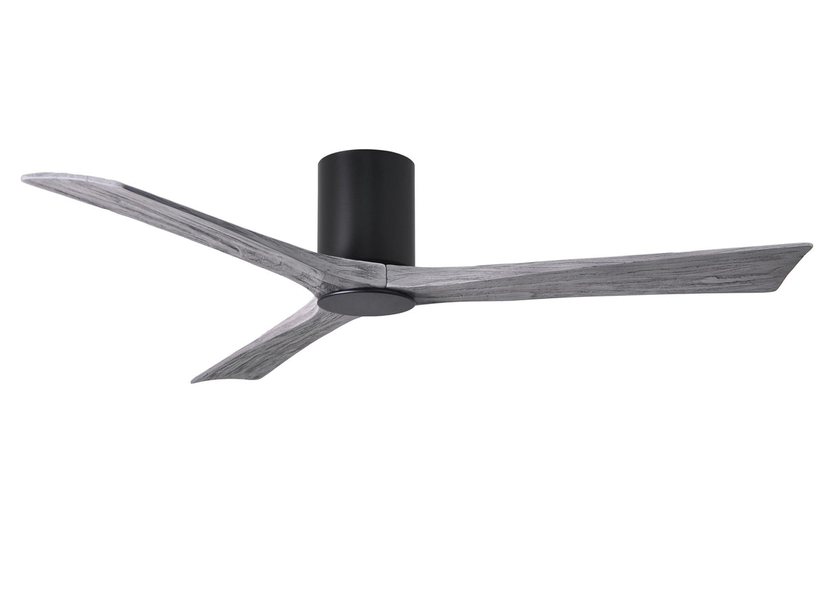 Matthews Fan IR3HLK-BK-BW-60 Irene-3HLK three-blade flush mount paddle fan in Matte Black finish with 60” solid barn wood tone blades and integrated LED light kit.