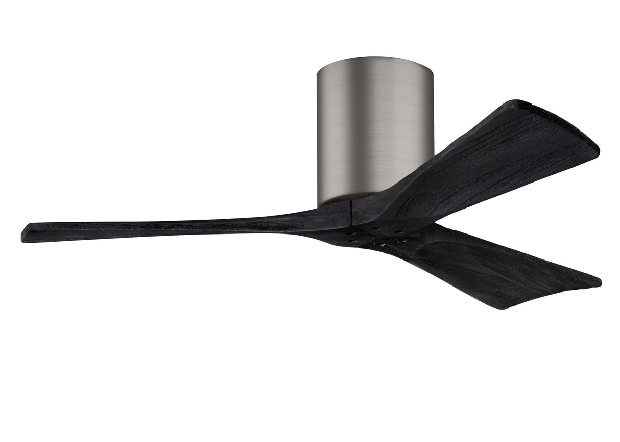 Matthews Fan IR3H-BP-BK-42 Irene-3H three-blade flush mount paddle fan in Brushed Pewter finish with 42” solid matte black wood blades.