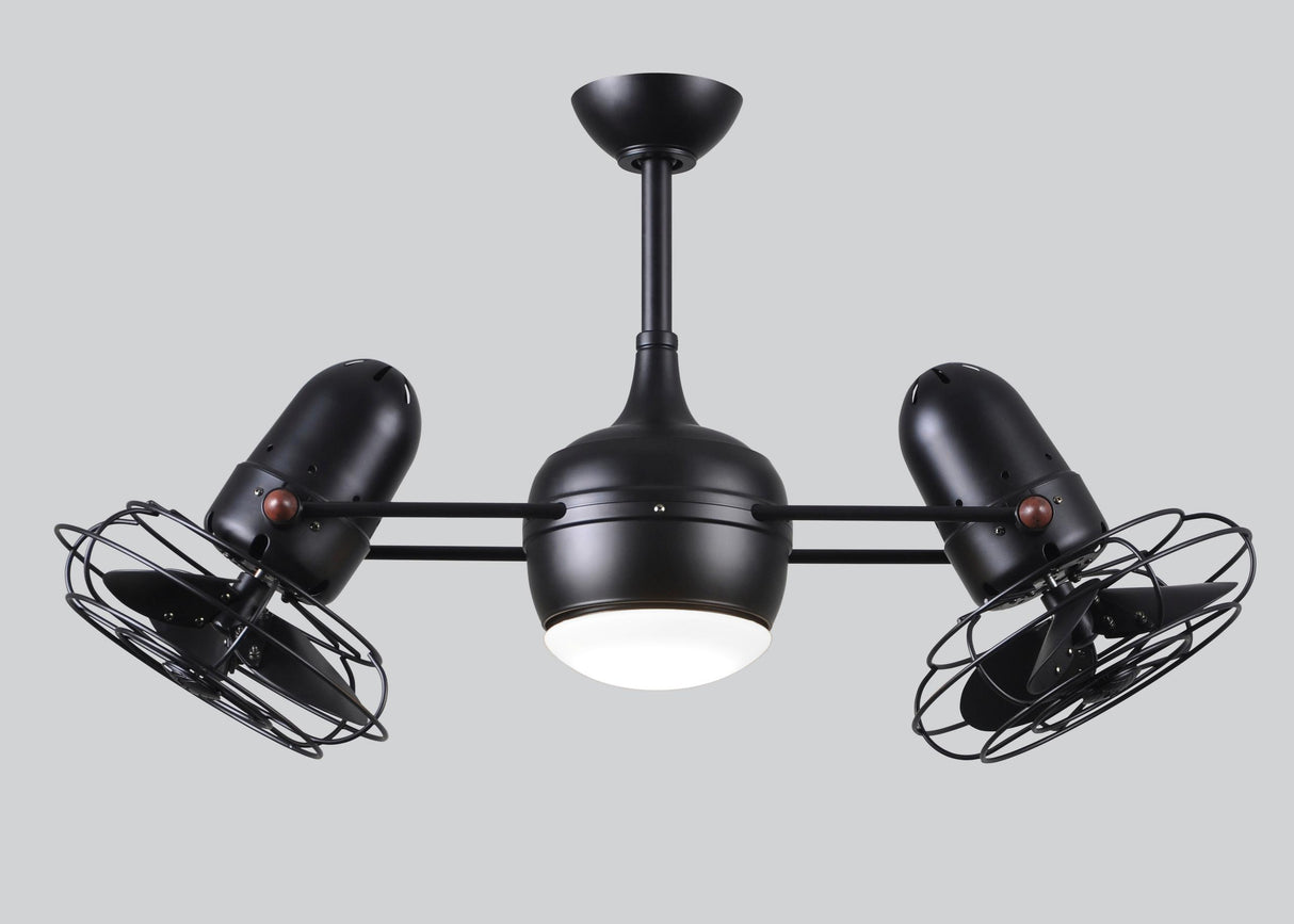 Matthews Fan DGLK-BK-MTL Dagny 360° double-headed rotational ceiling fan with light kit in Matte Black finish with metal blades.