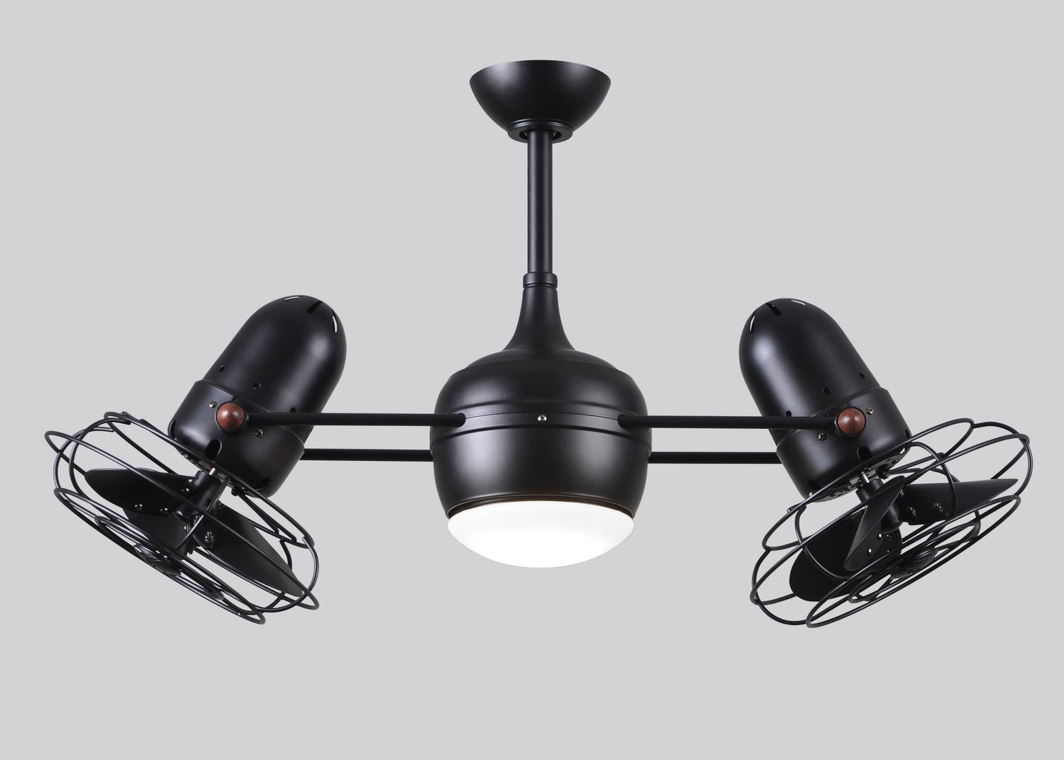 Matthews Fan DGLK-BK-MTL Dagny 360° double-headed rotational ceiling fan with light kit in Matte Black finish with metal blades.