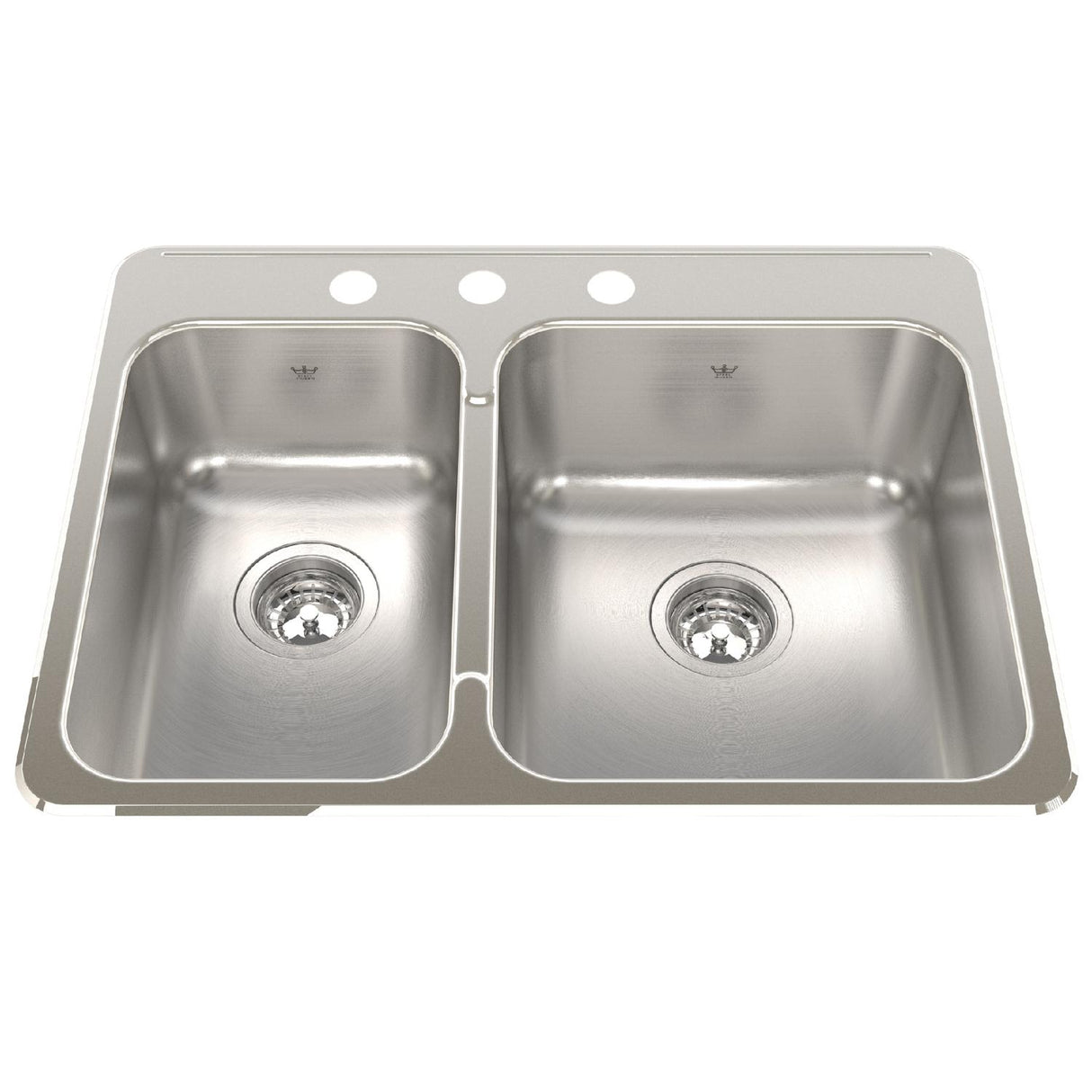 KINDRED QCLA2027L-8-3N Steel Queen 27.25-in LR x 20.56-in FB x 8-in DP Drop In Double Bowl 3-Hole Stainless Steel Kitchen Sink In Satin Finished Bowls with Mirror Finished Rim