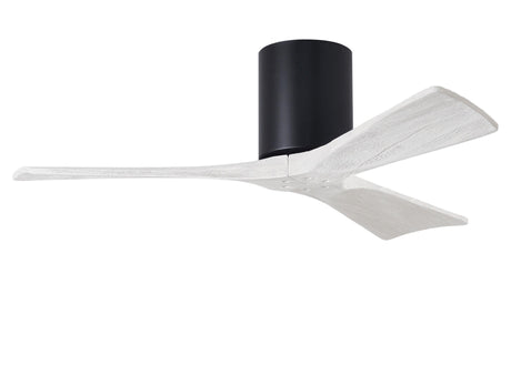 Matthews Fan IR3H-BK-MWH-42 Irene-3H three-blade flush mount paddle fan in Matte Black finish with 42” solid matte white wood blades. 