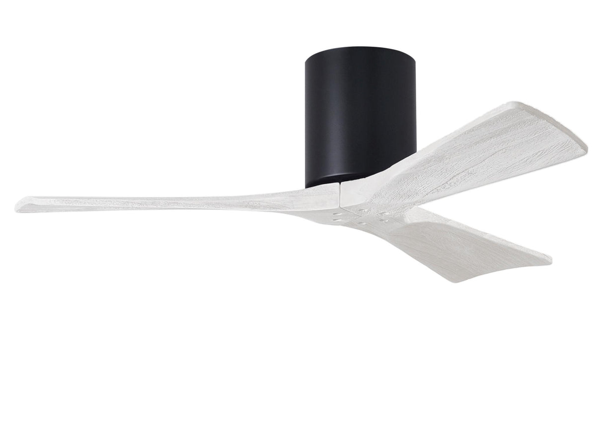 Matthews Fan IR3H-BK-MWH-42 Irene-3H three-blade flush mount paddle fan in Matte Black finish with 42” solid matte white wood blades. 