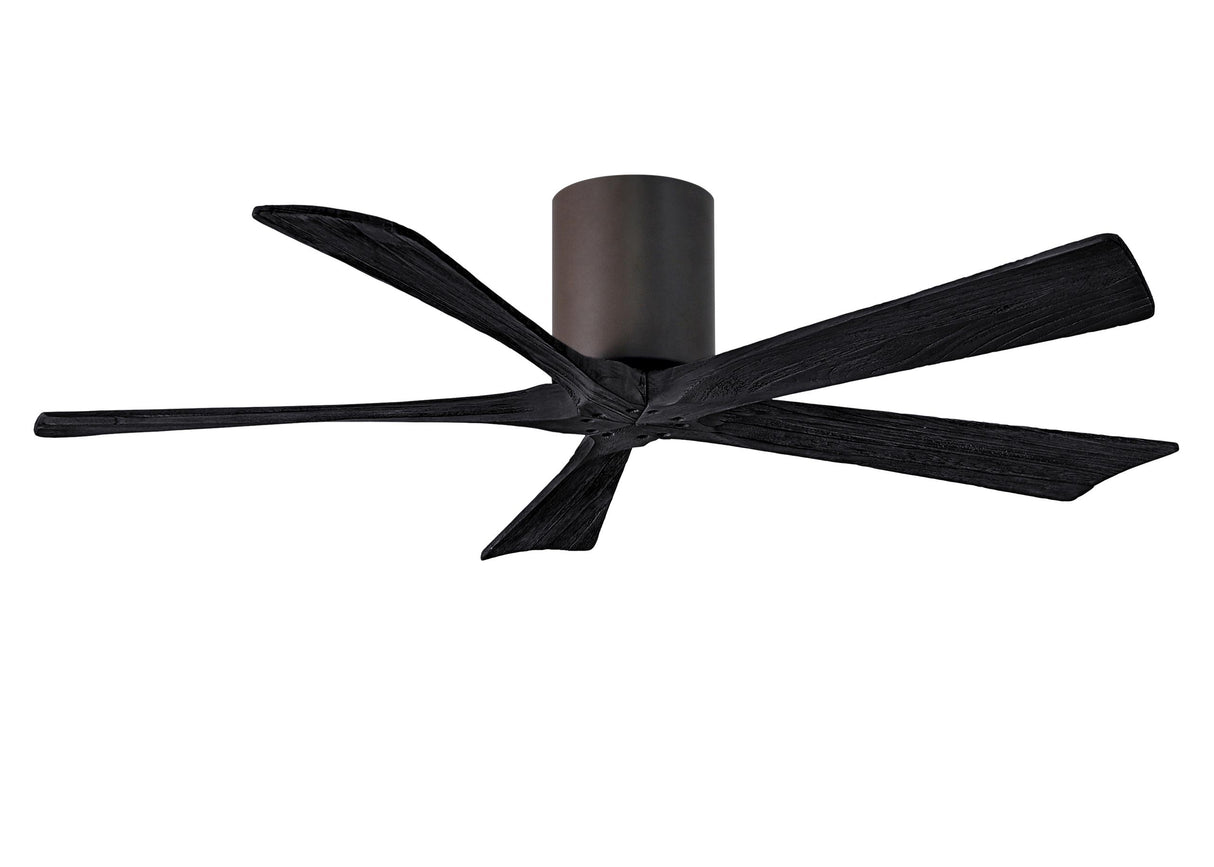 Matthews Fan IR5H-TB-BK-52 Irene-5H five-blade flush mount paddle fan in Textured Bronze finish with 52” solid matte black wood blades. 