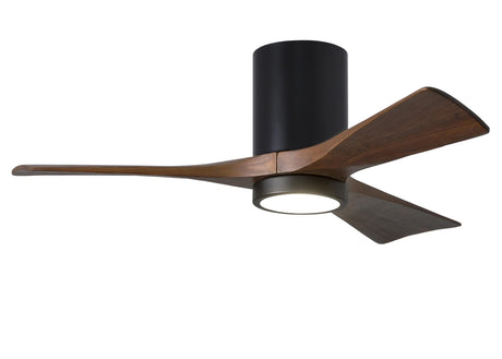 Matthews Fan IR3HLK-BK-WA-42 Irene-3HLK three-blade flush mount paddle fan in Matte Black finish with 42” solid walnut tone blades and integrated LED light kit.