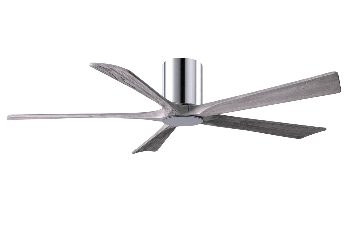 Matthews Fan IR5HLK-CR-BW-60 IR5HLK five-blade flush mount paddle fan in Polished Chrome finish with 60” solid barn wood tone blades and integrated LED light kit.