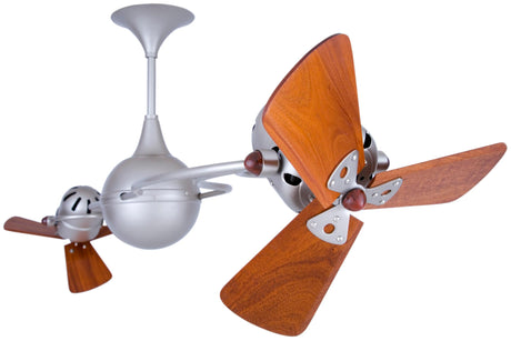 Matthews Fan IV-BN-WD-DAMP Italo Ventania 360° dual headed rotational ceiling fan in brushed nickel finish with solid sustainable mahogany wood blades for damp location.