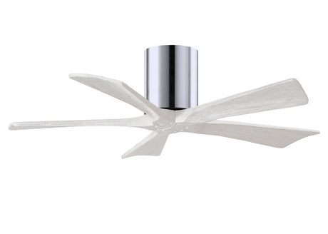 Matthews Fan IR5H-CR-MWH-42 Irene-5H five-blade flush mount paddle fan in Polished Chrome finish with 42” solid matte white wood blades. 