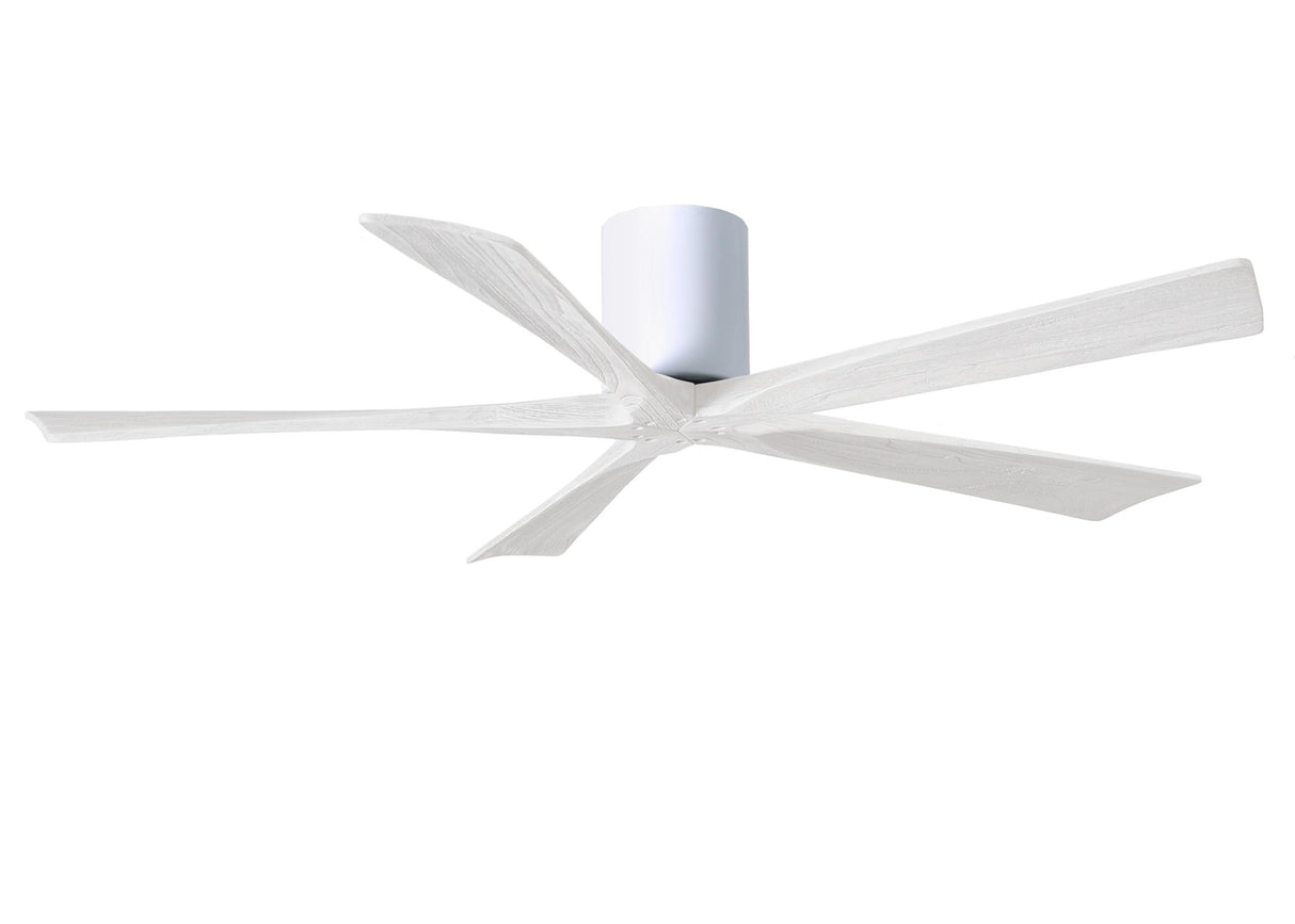 Matthews Fan IR5H-WH-MWH-60 Irene-5H five-blade flush mount paddle fan in Gloss White finish with 60” solid matte white wood blades. 