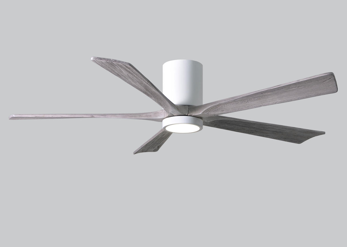 Matthews Fan IR5HLK-WH-BW-60 IR5HLK five-blade flush mount paddle fan in Gloss White finish with 60” solid barn wood tone blades and integrated LED light kit.