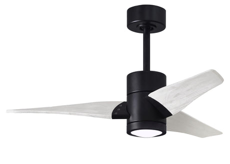 Matthews Fan SJ-BK-MWH-42 Super Janet three-blade ceiling fan in Matte Black finish with 42” solid matte white wood blades and dimmable LED light kit