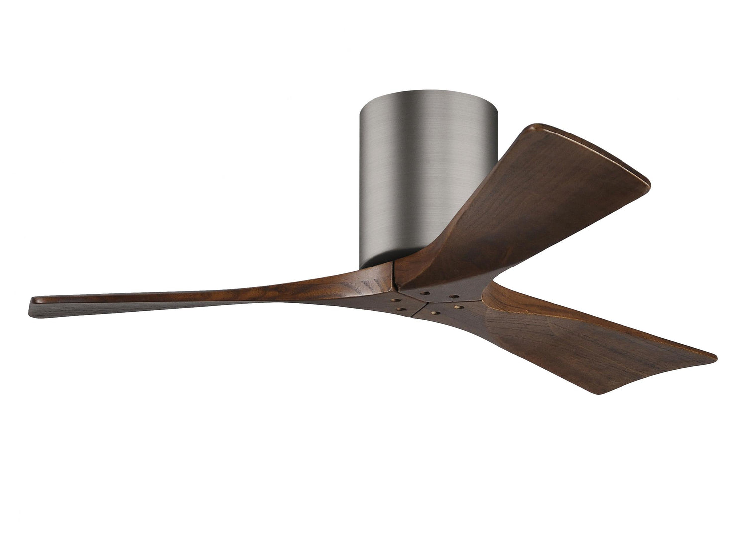Matthews Fan IR3H-BP-WA-42 Irene-3H three-blade flush mount paddle fan in Brushed Pewter finish with 42” solid walnut tone blades.