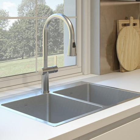 KINDRED BDL2131-9-1N Brookmore 31-in LR x 20.9-in FB x 9-in DP Drop in Double Bowl Stainless Steel Sink In Commercial Satin Finish