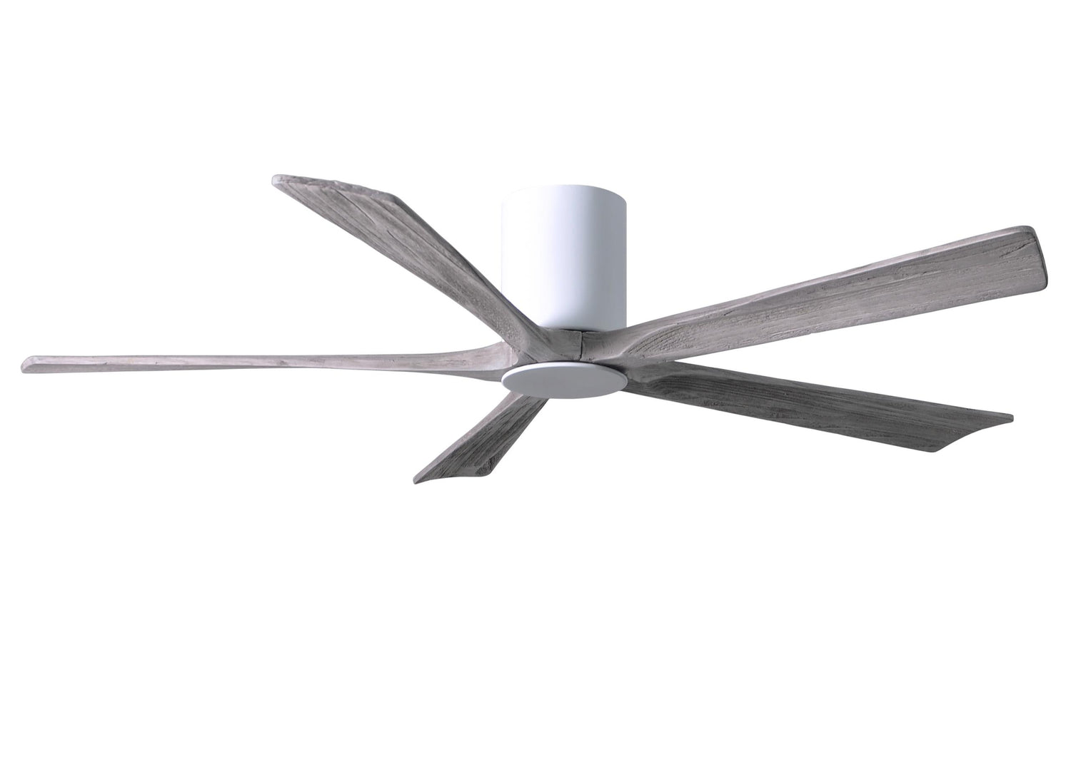 Matthews Fan IR5HLK-WH-BW-60 IR5HLK five-blade flush mount paddle fan in Gloss White finish with 60” solid barn wood tone blades and integrated LED light kit.