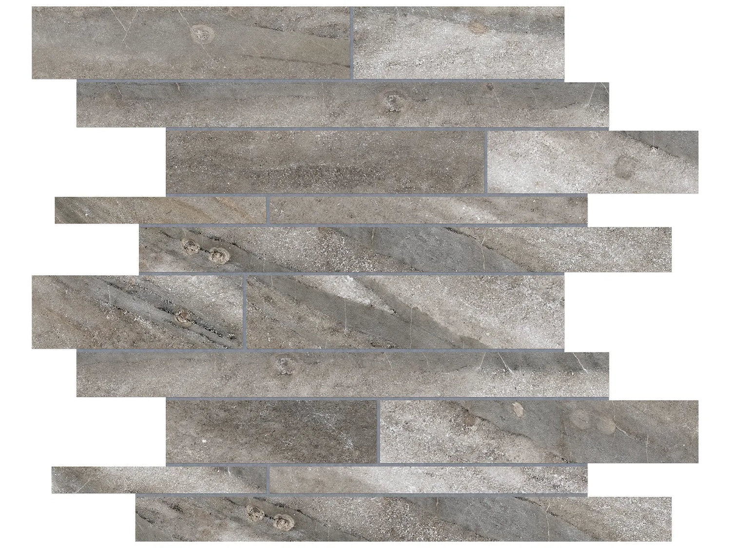 Anatolia Tile Evolution Mica Random Strip Matte Porcelain Mosaics. 1 Sheet = .96 Sq. Ft. 4501-0100.0 (69-202)  - premium natural stone mosaic tile from Anatolia Tile, available at PoshHaus showroom in Keene, NH