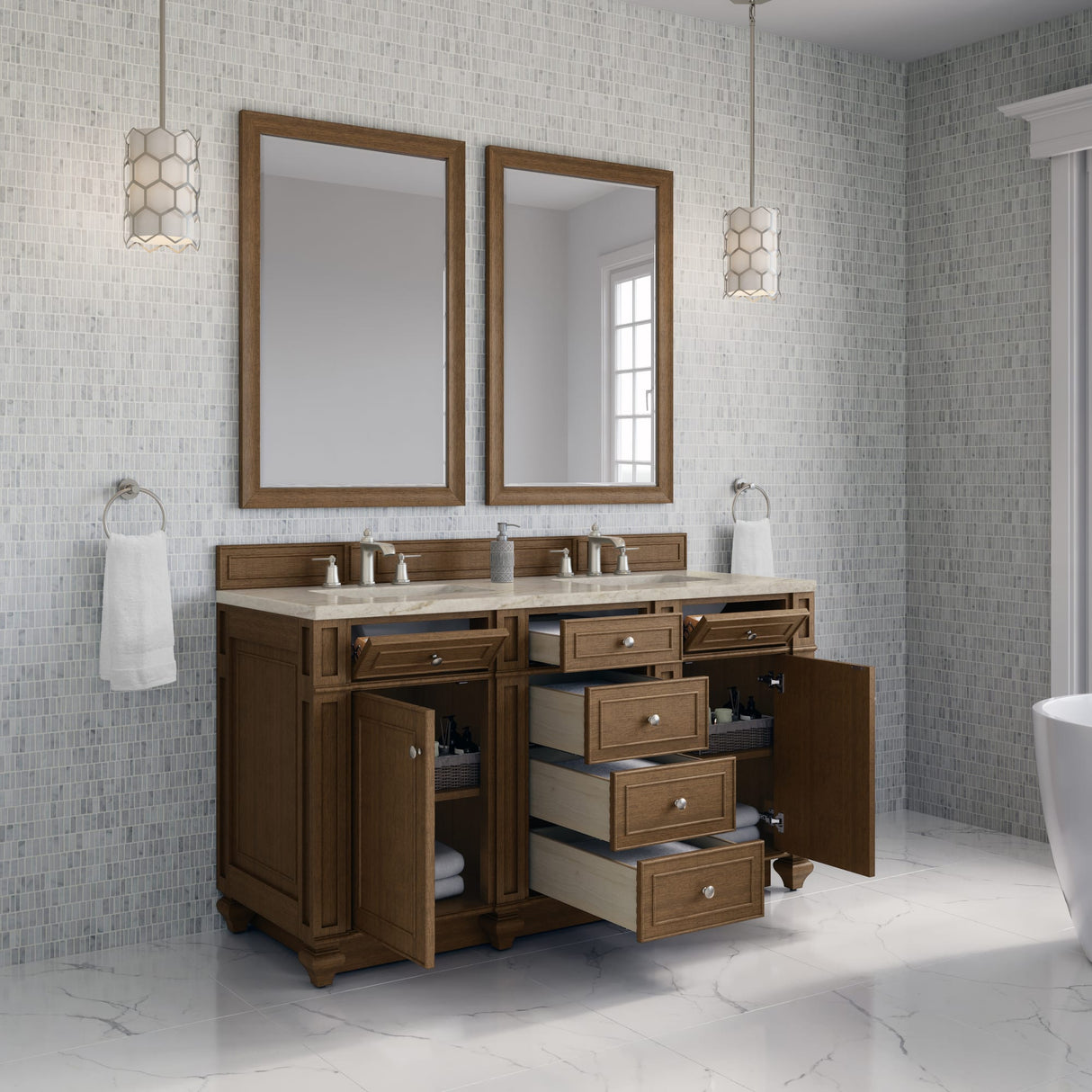 Bristol 60" Double Vanity, Saddle Brown, w/ 3 CM Tajnar Eclos Top