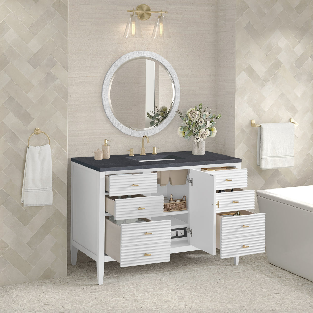 Myrrin 48" Single Vanity, Bright White w/ 3 CM Charcoal Soapstone Silestone Top