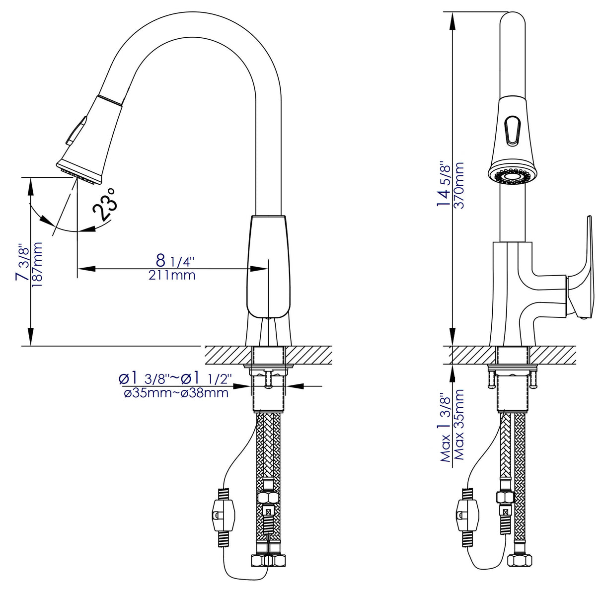 Brushed Nickel Square Gooseneck Pull Down Kitchen Faucet