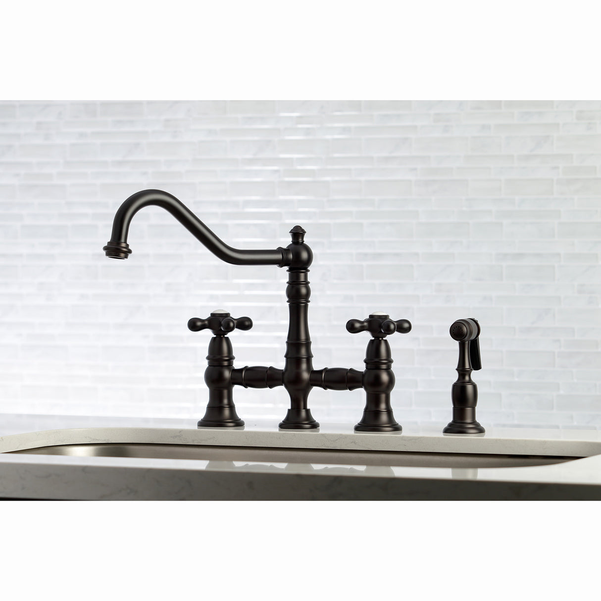 Kingston Brass KS3275AXBS Restoration 8" Bridge Kitchen Faucet with Sprayer, Oil Rubbed Bronze