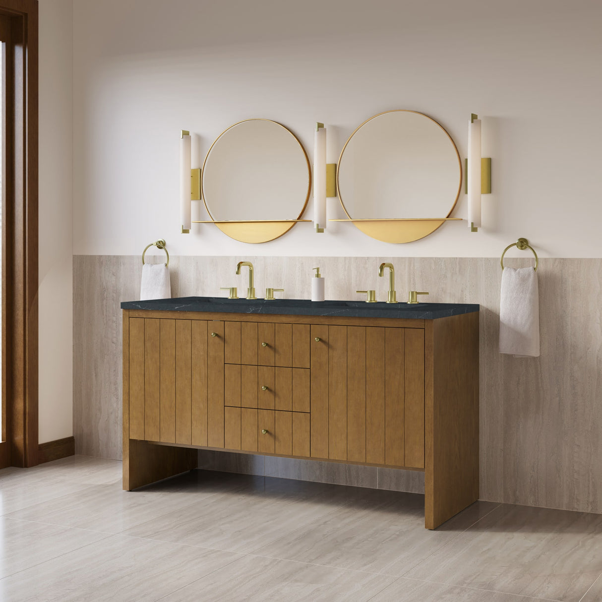 Hudson 60" Double Vanity, Honey Oak w/ 3 CM Charcoal Soapstone Silestone Top