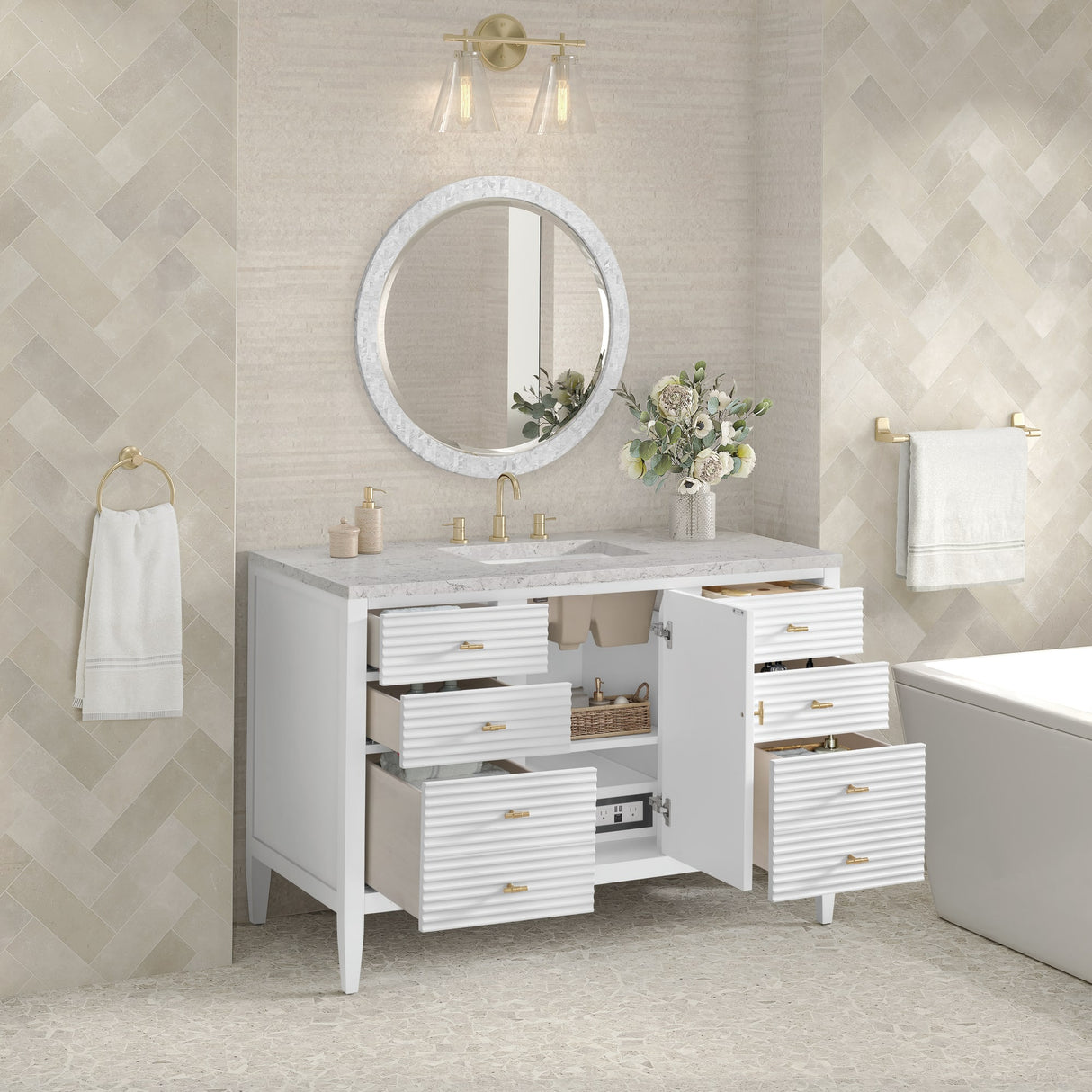 Myrrin 48" Single Vanity, Bright White w/ 3 CM Eternal Jasmine Pearl Silestone Top