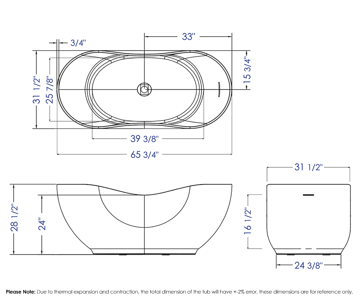 ALFI brand AB9949 66" White Solid Surface Smooth Resin Soaking Bathtub