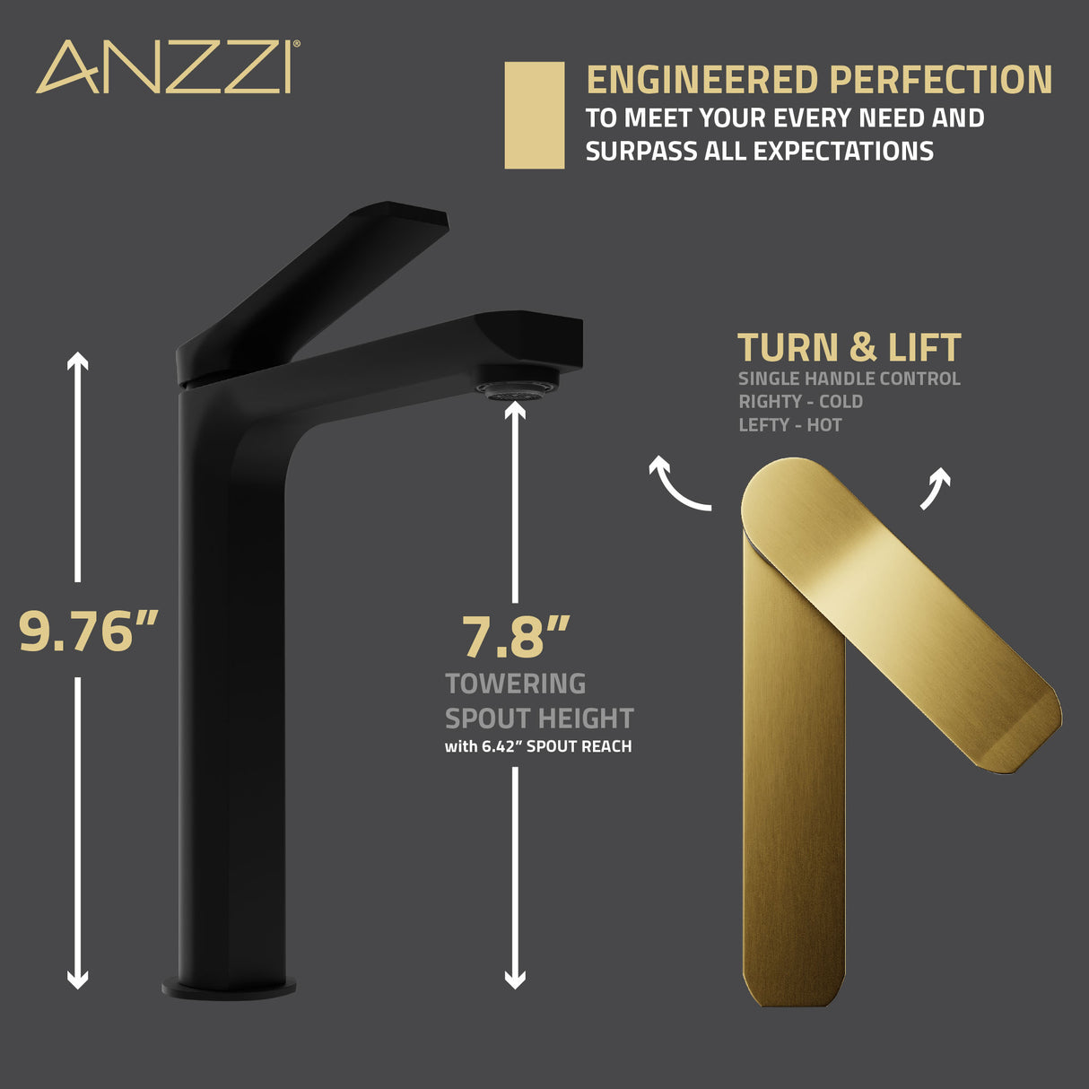 ANZZI L-AZ901MB-BG Single Handle Single Hole Bathroom Vessel Sink Faucet With Pop-up Drain in Matte Black & Brushed Gold