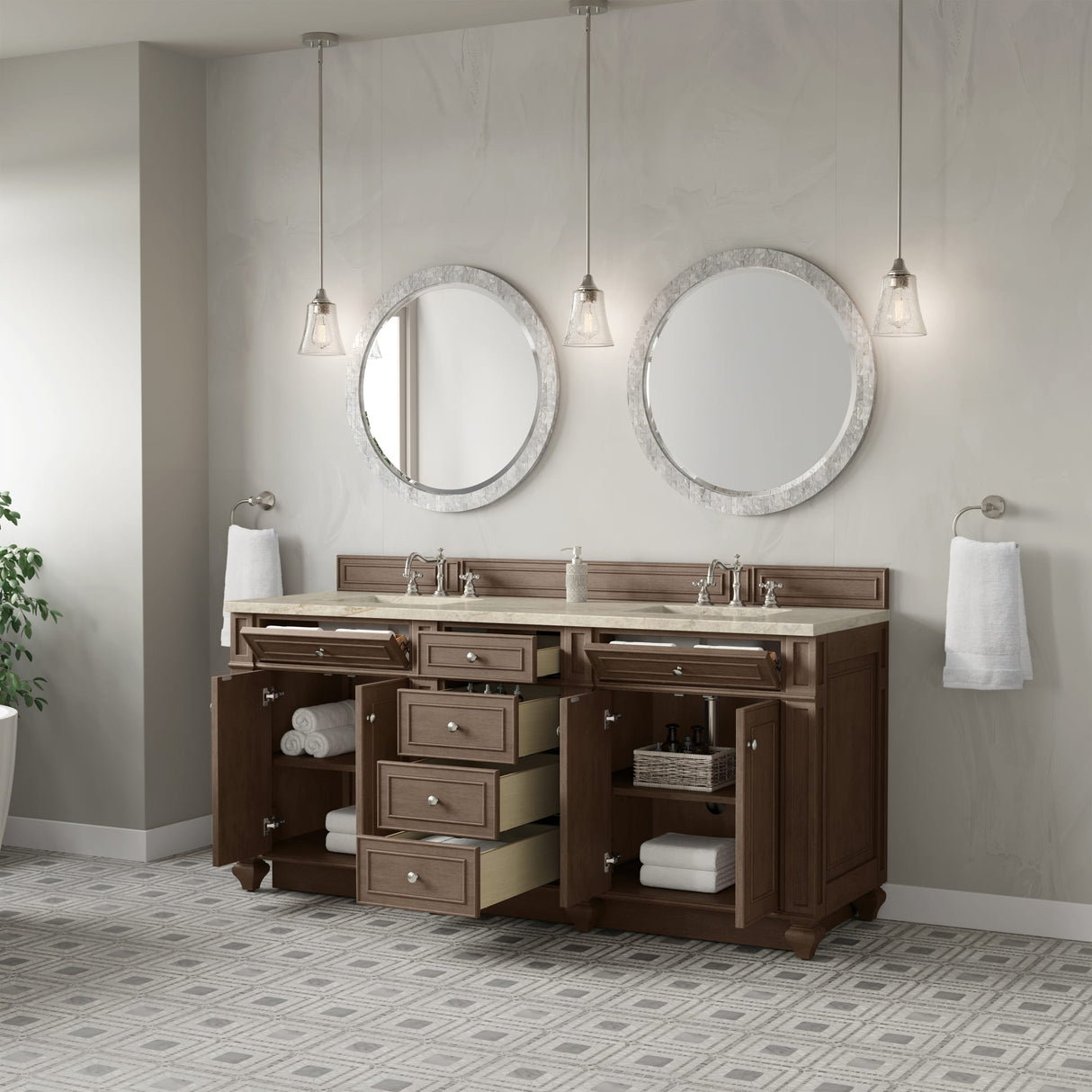Bristol 72" Double Vanity, Whitewashed Walnut, w/ 3 CM Tajnar Eclos Top w/FreePower Wireless Charger