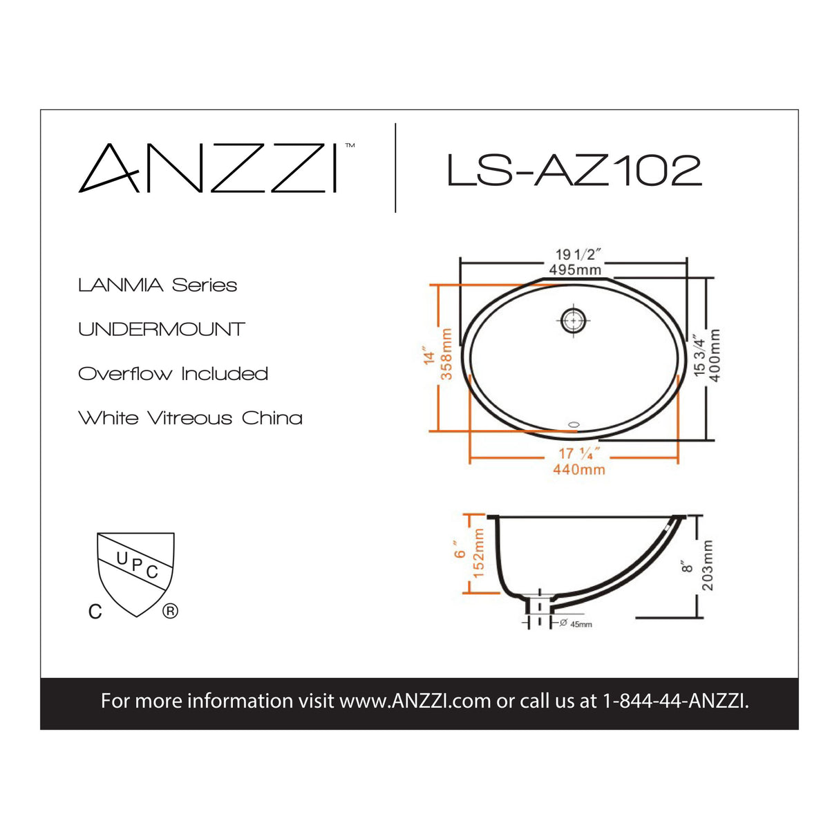 ANZZI LS-AZ102 Lanmia Series 19.5 in. Ceramic Undermount Sink Basin in White