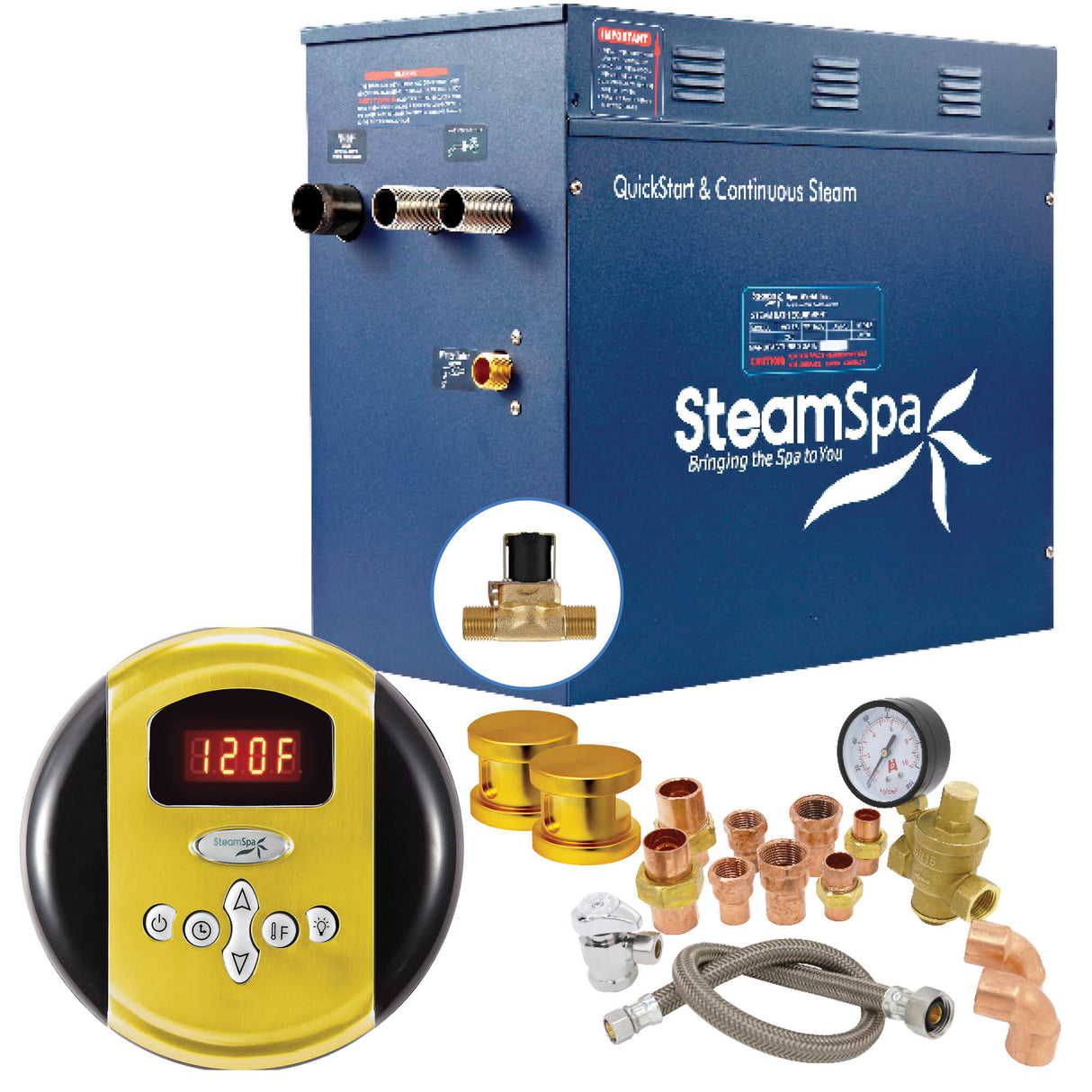 SteamSpa Premium 10.5 KW QuickStart Acu-Steam Bath Generator Package with Built-in Auto Drain in Gold PRR1050GD-A