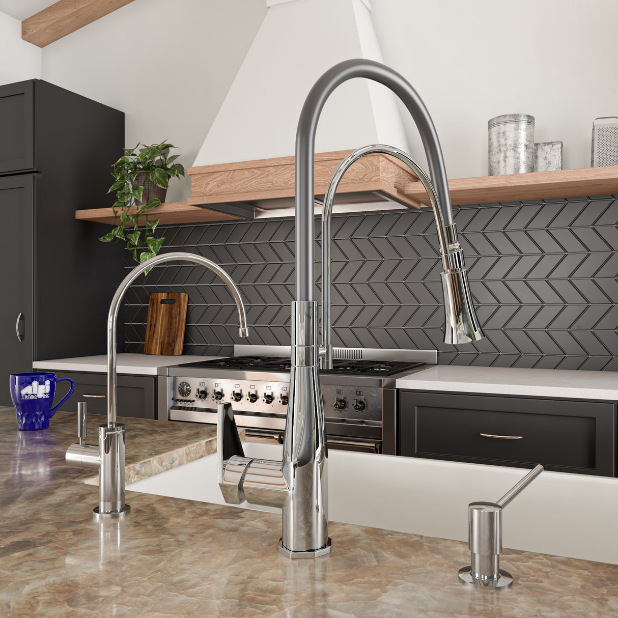 Polished Chrome Kitchen Faucet with Black Rubber Stem