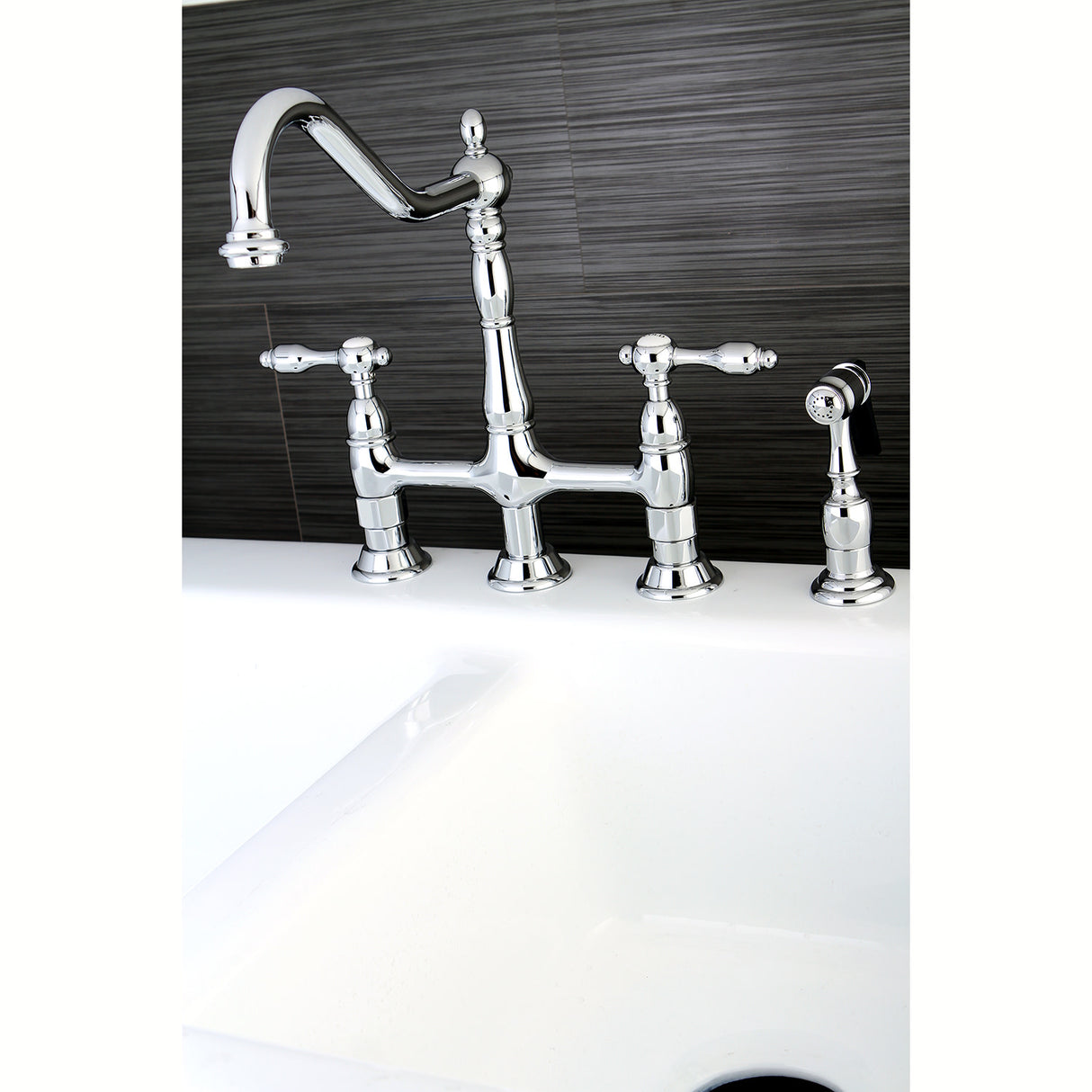 Kingston Brass KS1271TALBS Tudor Bridge Kitchen Faucet with Brass Sprayer, Polished Chrome