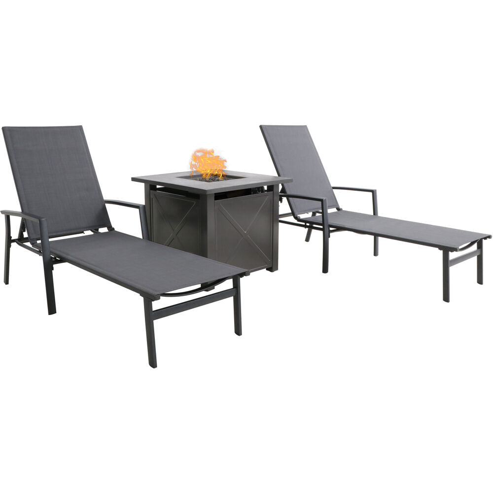 Hanover NAPCHS3PCFP-GRY Naples 3pc Chaise Set: 2 Alum Chaise Lounges and Tile Top Fire Pit