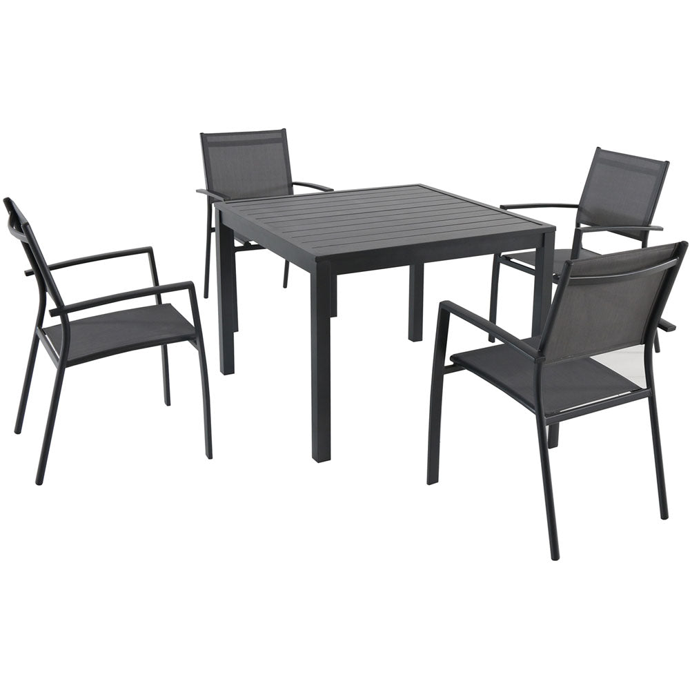 Hanover NAPLESDN5PCSQ-GRY 5pc Dining set: 4 alum sling dining chairs, sq slat top dining table