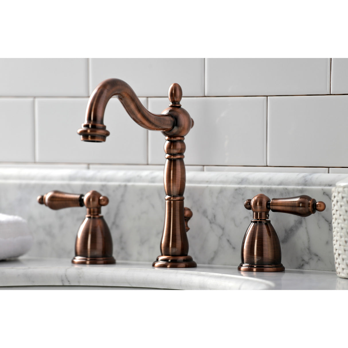 Kingston Brass KB197ALAC Heritage Widespread Bathroom Faucet with Brass Pop-Up, Antique Copper