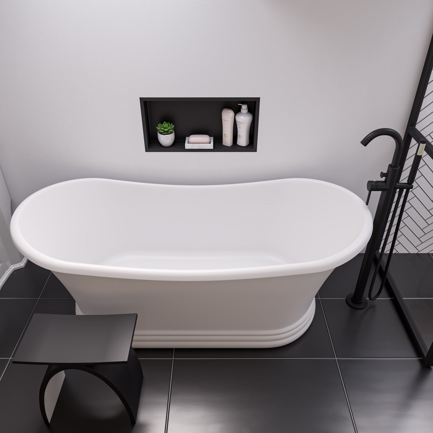 Black Matte Arched Solid Surface Resin Bathroom / Shower Stool