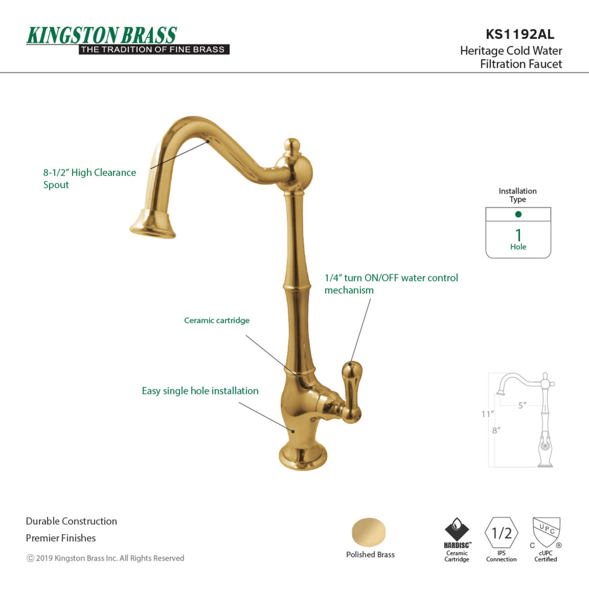 Kingston Brass KS1192AL Heritage Cold Water Filtration Faucet, Polished Brass