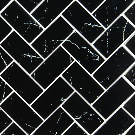 Nero marquina glass herringbone 11.61X11.81 glass mesh mounted mosaic tile SMOT-GLS-NERMAR2X4HB product shot multiple tiles angle view