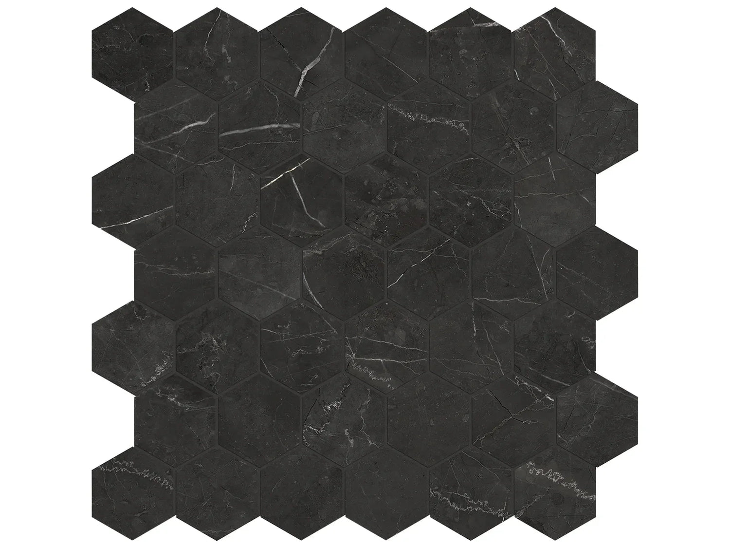 Anatolia Tile La Marca 2 Inch Hexagon Nero Polished Porcelain Mosaics. 1 Sheet = .96 Sq. Ft. 4501-0339-0 Nero Venato 2" Hexagon Polished - premium natural stone mosaic tile from Anatolia Tile, available at PoshHaus showroom in Keene, NH