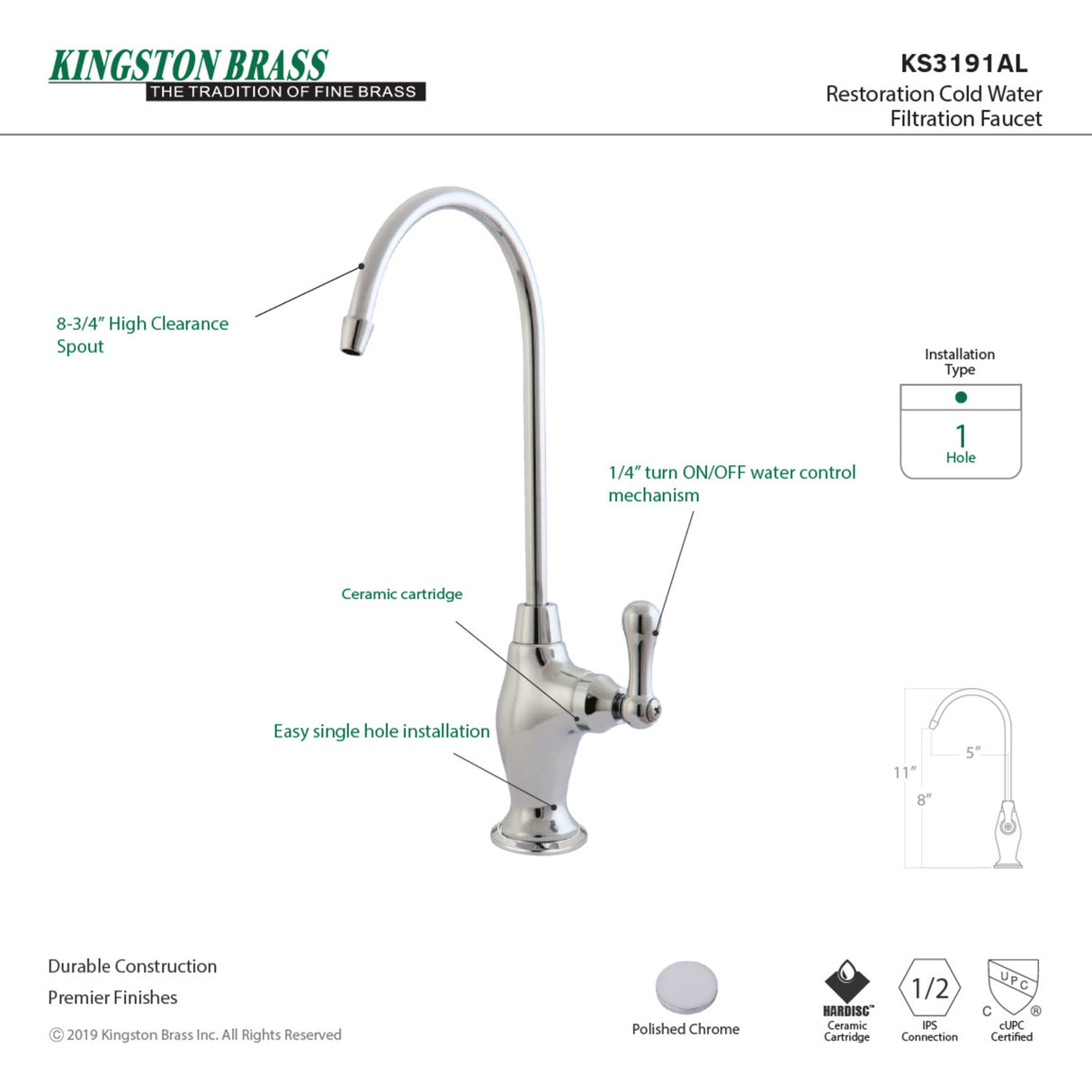Kingston Brass KS3191AL Restoration Single-Handle Water Filtration Faucet, Polished Chrome