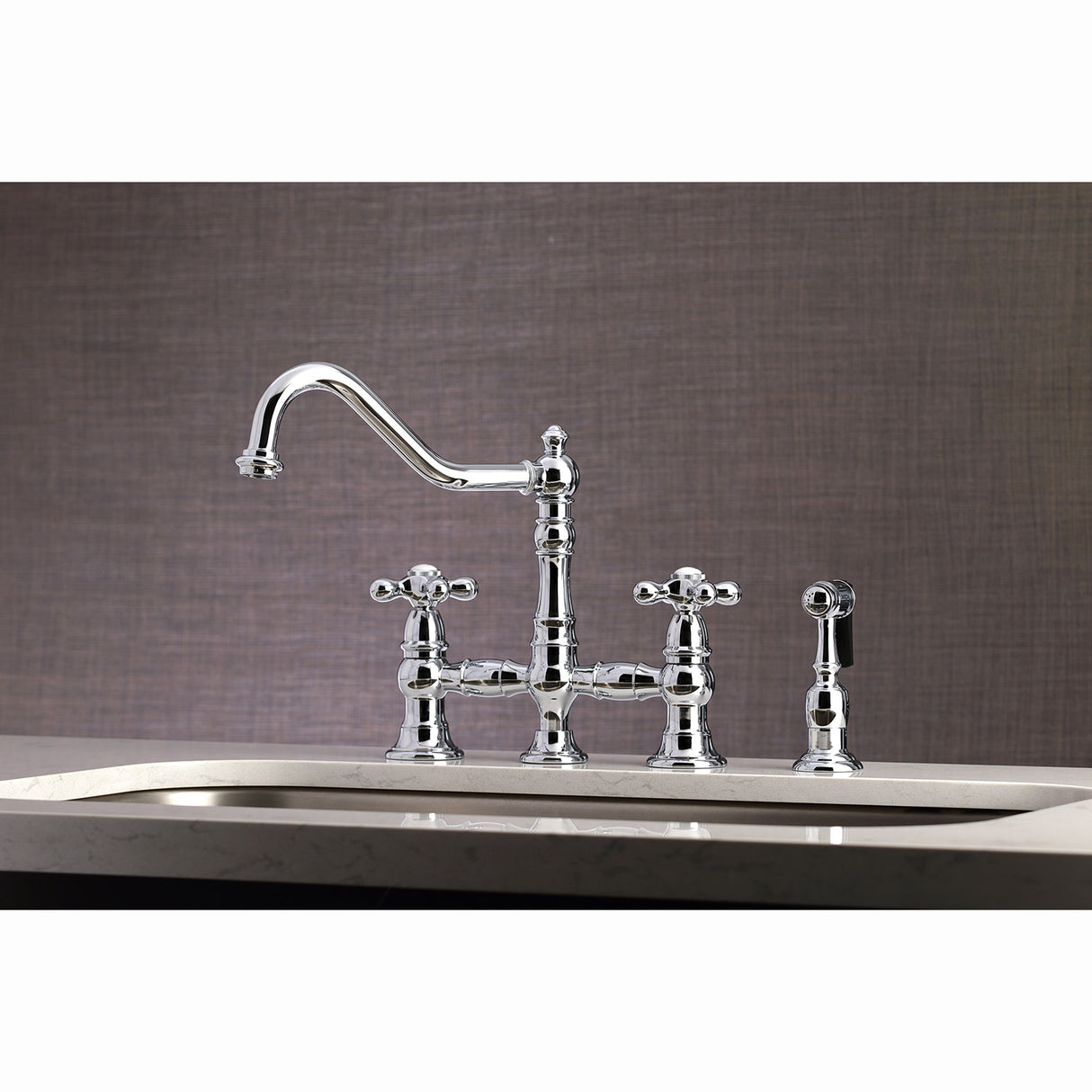 Kingston Brass KS3271AXBS Restoration 8" Bridge Kitchen Faucet with Sprayer, Polished Chrome