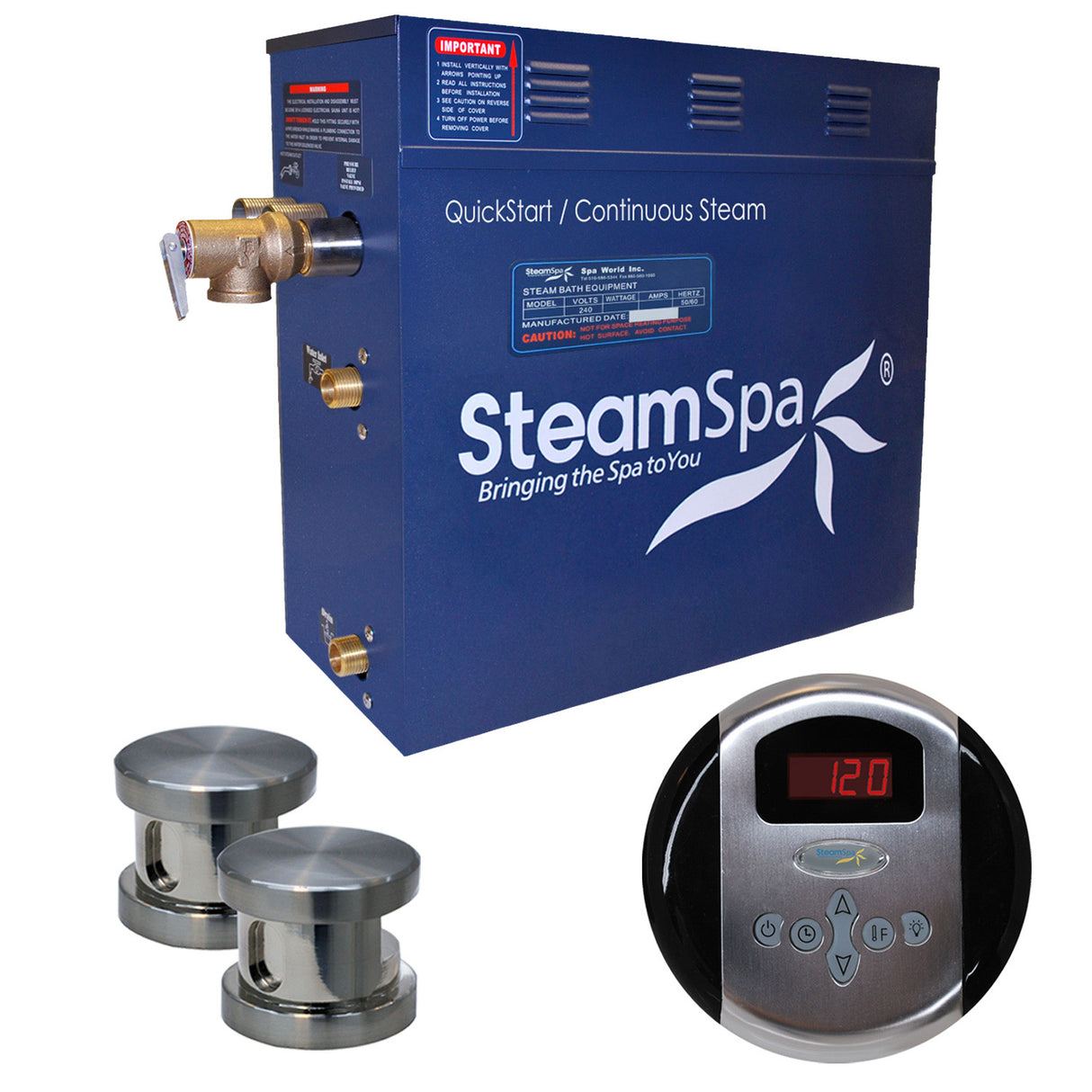 SteamSpa Oasis 12 KW QuickStart Acu-Steam Bath Generator Package in Brushed Nickel OA1200BN