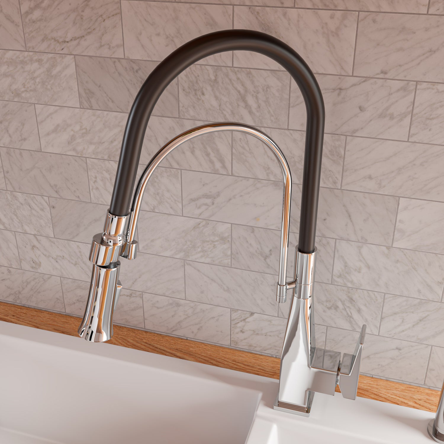 Polished Chrome Square Kitchen Faucet with Black Rubber Stem