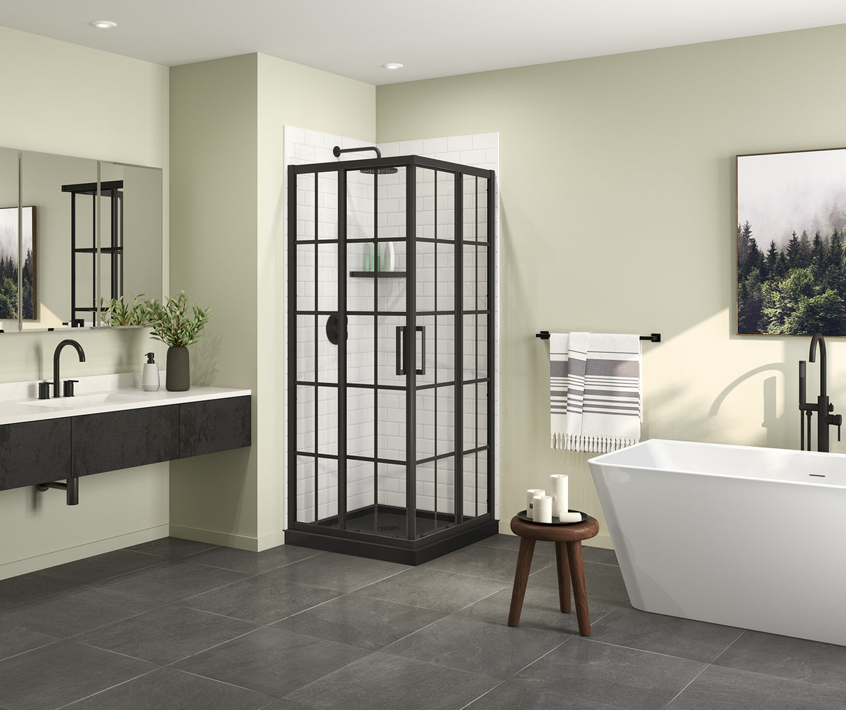 MAAX 107485-977-340-000 Scarlet 32 x 32 Acrylic Corner Drain Shower Kit in Black with French Glass in Matte Black