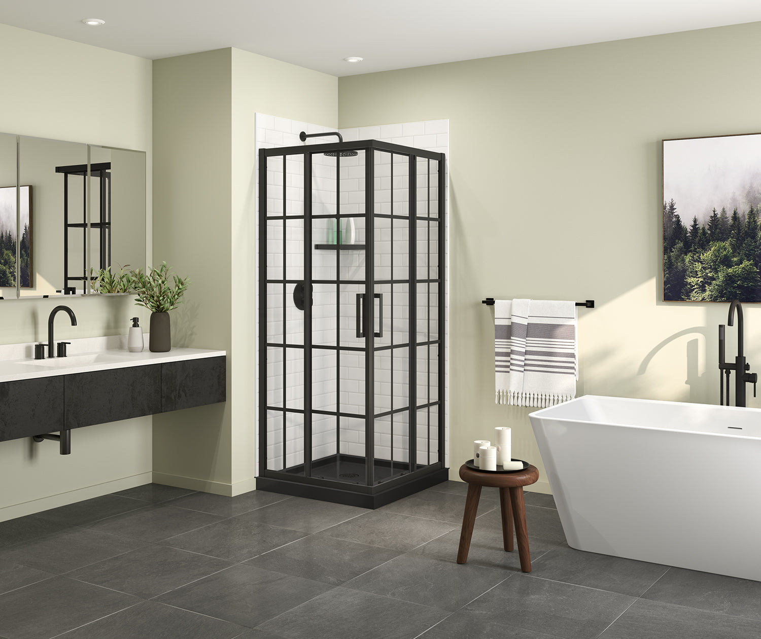 MAAX 107485-977-340-000 Scarlet 32 x 32 Acrylic Corner Drain Shower Kit in Black with French Glass in Matte Black