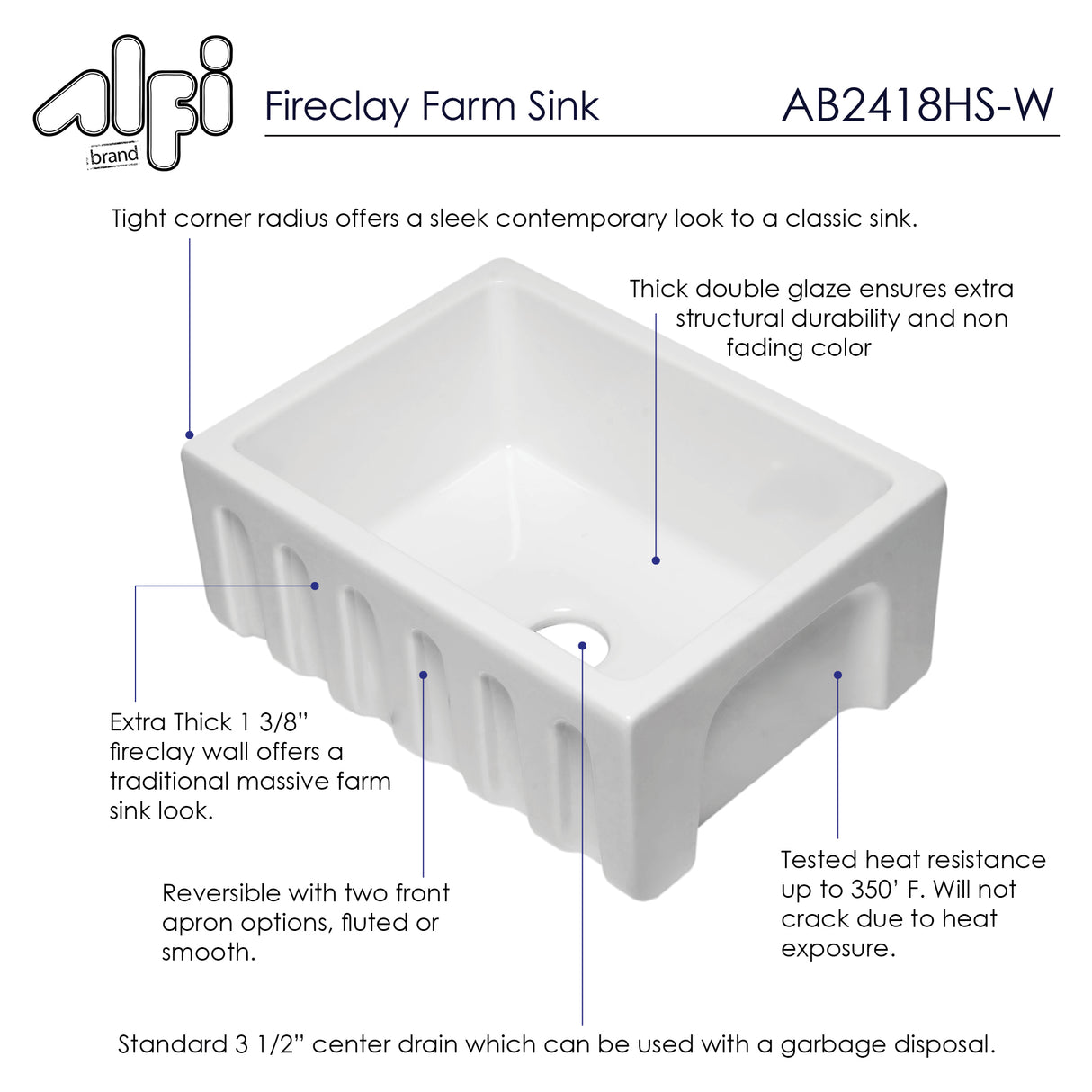 ALFI brand AB2418HS-W 24 inch White Reversible Smooth / Fluted Single Bowl Fireclay Farm Sink